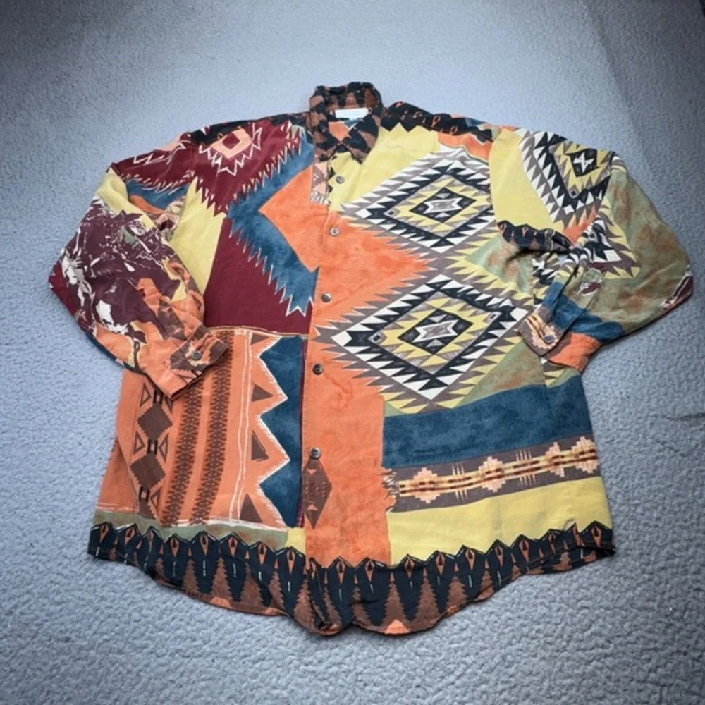 VINTAGE Otto Kern Tunic Top Womens 10 Silk Indian Head Horse Art Boho Shirt 90s - Picture 3 of 13
